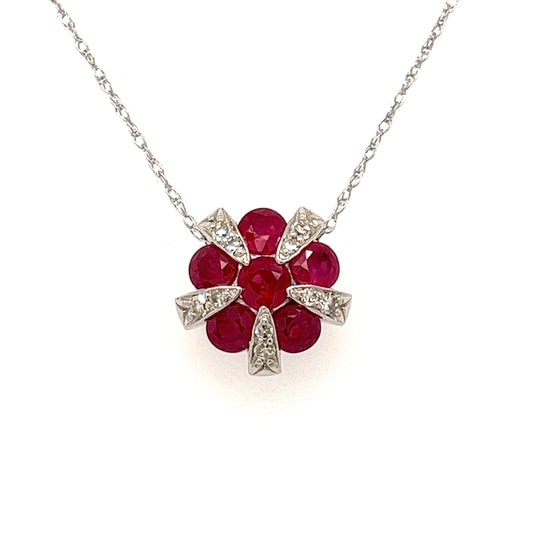 Ruby + Diamond Flower Pendant